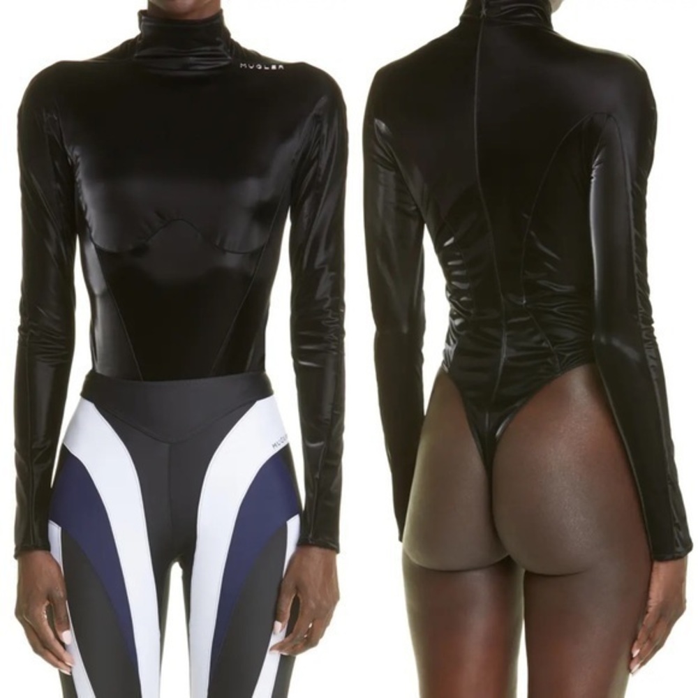NWT Mugler Logo Paris Black Stretch Bodysuit